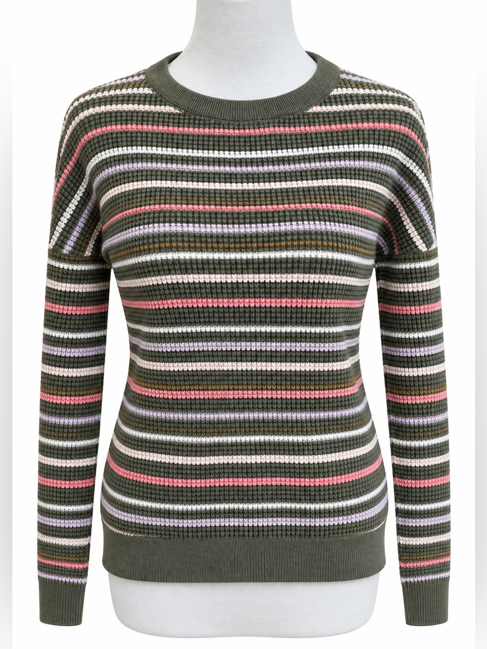 REI Cooperative Olive Striped Crewneck Sweater with Pink & Lilac Small